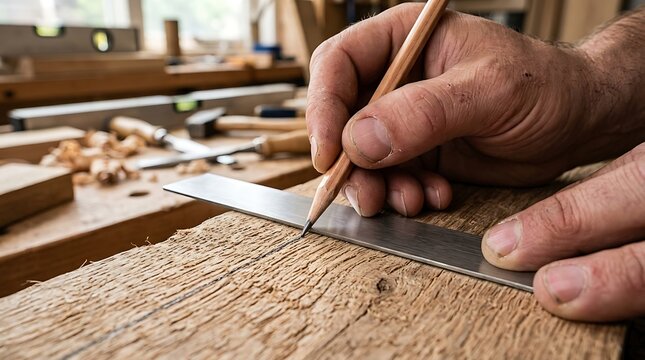 Skilled carpenter using a metal ruler and a wooden pencil to mark a precise line on a rough oak timber plank in a traditional woodworking shop