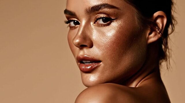 Close-up side profile of a woman's face with glowing dewy skin, natural makeup and skincare beauty concept.