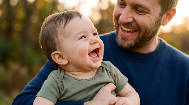 Father and Baby Laughing Together Outdoors in Golden Hour Sunlight