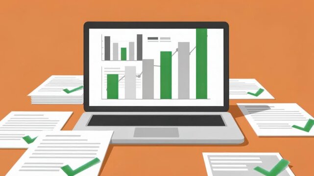Business growth and data analysis chart on laptop with completed documents and check marks on orange background