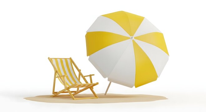 Yellow beach umbrella and deck chair on sand isolated on white.