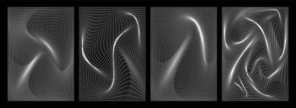 Wireframe Geometric Y2k Grid Trendy Backgrounds Pattern Retro Futuristic Design Digital Art. Mesh Textures Curved Perspective lines Grid. Cyberpunk aesthetic for Posters. Web Editable stroke Wireframe