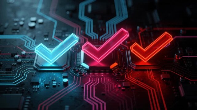 Glowing check marks on futuristic circuit board representing technology and validation concepts
