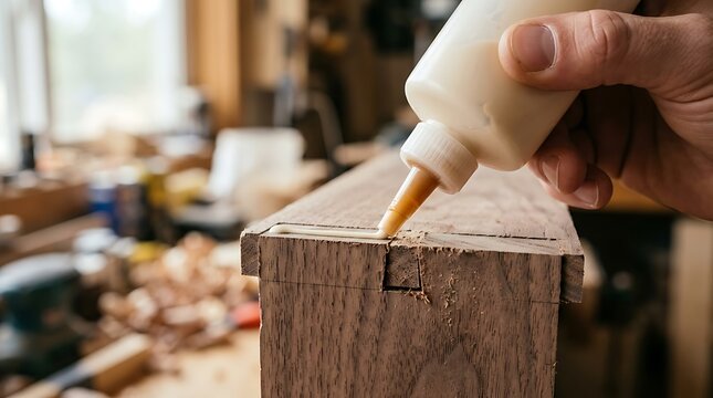 Woodworker applying wood glue from a squeeze bottle to the edge of a dark walnut timber board in a carpentry workshop environment
