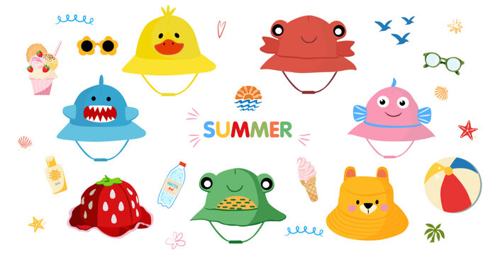 Professional flat vector collection featuring adorable children's bucket hats with animal designs duck, shark, frog, crab, bear, fish and a strawberry hat. Includes various beach and summer vacation