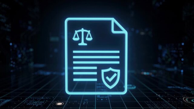 Glowing digital legal document icon with scales of justice and shield symbol on futuristic grid background