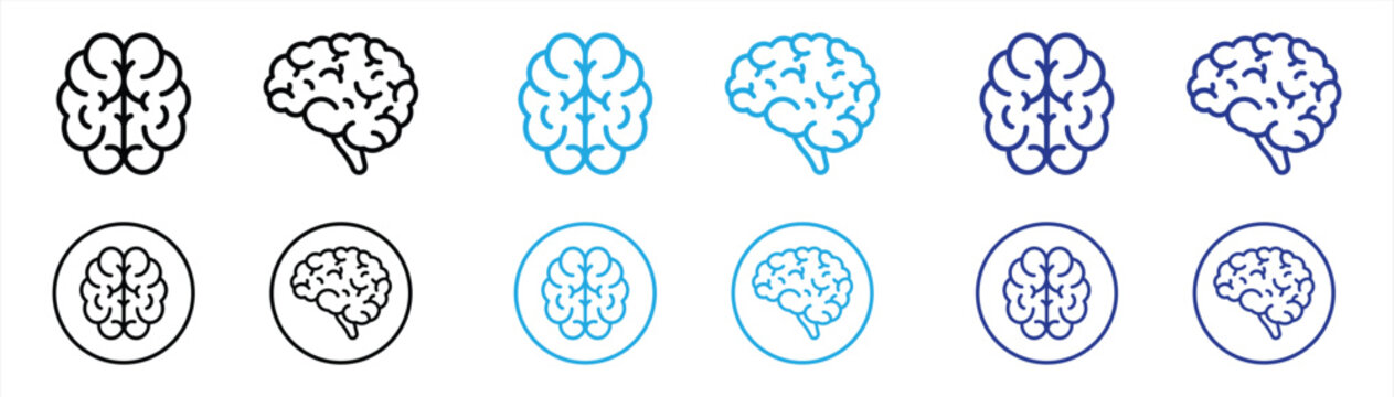 Human Brain Anatomy Icon Set Collection. Featuring Front View and Side View, Intelligence, Neuroscience, Mental Health, Cognitive Function, Medical Outline Vector Isolated on White Background
