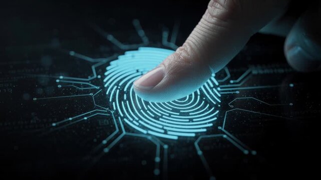 Closeup of a finger scanning a digital fingerprint for biometric security and identity verification technology