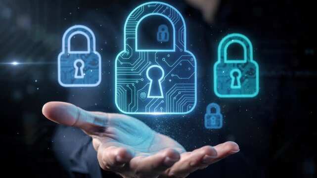 Cybersecurity concept with digital padlocks floating over open hand representing data protection and online security