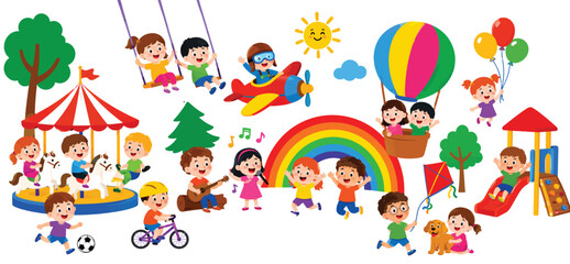 Naklejka premium Children having fun at amusement park and playground setup.