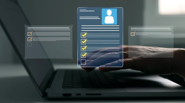 Business professional reviewing digital CV on a laptop, analyzing candidate profiles for recruitment and hiring decisions.Concept of Human Resources ,election and online application screening process.