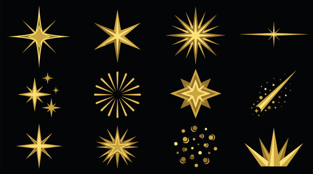 Gold Sparkle Star Starburst Shape Collection Premium Flat Vector Icons on Dark Background for Luxury Celestial Brand Magic Decoration Graphic Design Use
