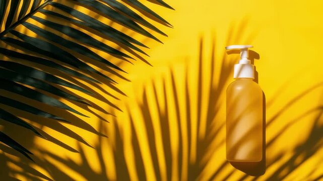 Golden cosmetic pump bottle of serum lit by soft palm leaf shadows on a vibrant yellow background in a fresh tropical skincare beauty scene
