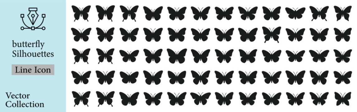  Black butterfly silhouettes. Outline butterflies romantic tattoo, tropical insects stencil. Summer and spring exotic symbols isolated vector set 