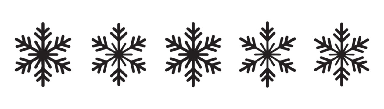 Five decorative snowflake icons in simple line art style isolated on transparent background graphic.
