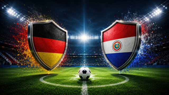 Germany verses Paraguay. International soccer match with country flags
