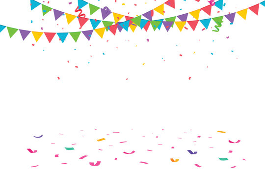 Celebration stage border with bunting and scattered confetti on the floor
