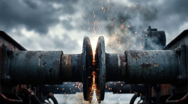 Rusted metal pipe flanges colliding with sparks against stormy industrial sky