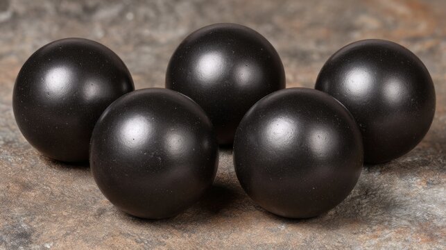 Five Smooth Black Balls Arranged on a Textured Surface