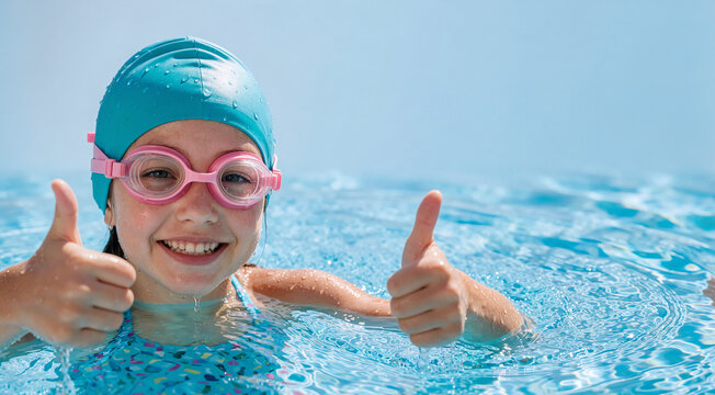 Happy young girl wearing a blue swimming cap and pink goggles giving a double thumbs up while playing in a sunny outdoor pool