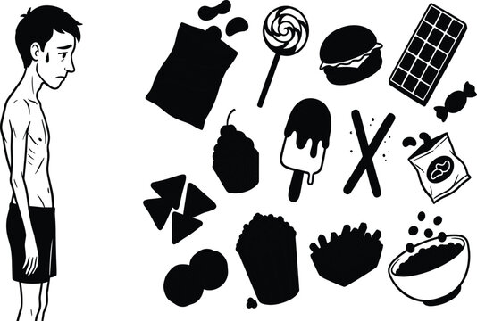 Unhappy Underweight Man Looking at Junk Food Selection Concept Minimalist Vector Illustration for Health Nutrition Obesity and Diet Related Awareness Designs