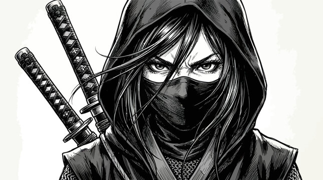Ninja Warrior Woman with Swords, Masked Assassin, Dark Hoodie