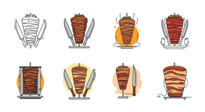 Collection of eight doner kebab shawarma spit icons with knives showing various graphic design and color styles.