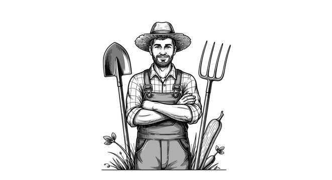 Male farmer in traditional hat and overalls standing with crossed arms beside shovel and pitchfork sketch illustration.