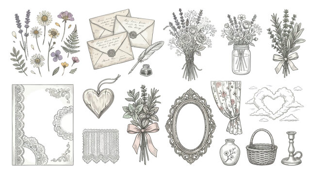 Vintage floral bouquet and love letter illustrations