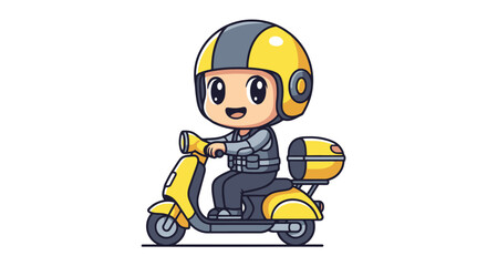 Naklejka premium A cute cartoon character wearing a helmet rides a yellow scooter with a storage box.