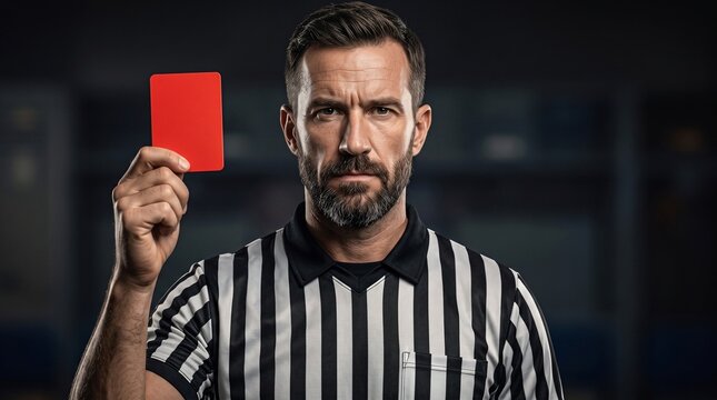 Serious sports referee in striped uniform holding a red card up to signal a penalty during a professional game with dramatic lighting