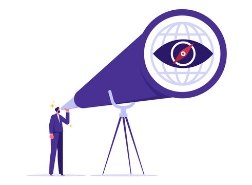 Business leadership and visionary to lead company success concept, businessman with telescope vision, see the big picture. Symbol leadership, strategy, mission, objectives