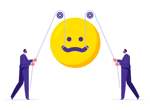 Control emotion or expression concept, emotional intelligence manage positive way to solve problem and conflict, businessman with string to control scowling to smile face