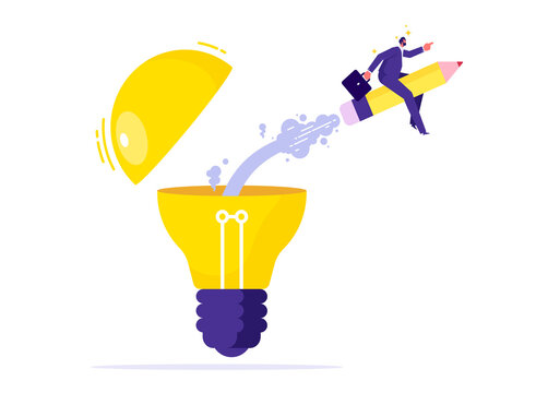 Creativity to create new idea concept, imagination or invention, inspiration, education or writing content or boost creative thinking, businessman riding pencil rocket from opening lightbulb