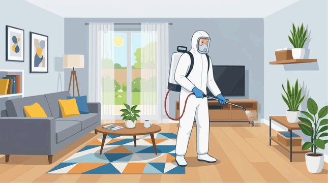 2D Flat Vector Pest control worker in protective suit sprays insecticide in a living room