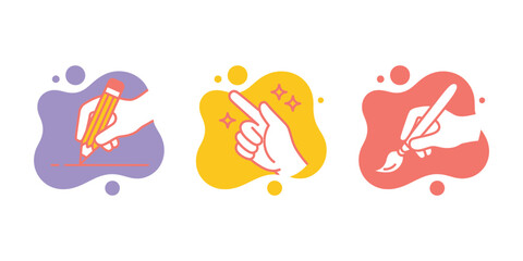 Hand gesture icon. pencil, magic wand, and paintbrush in colorful vector style for creativity, design, drawing, and artistic expression. © MOSA