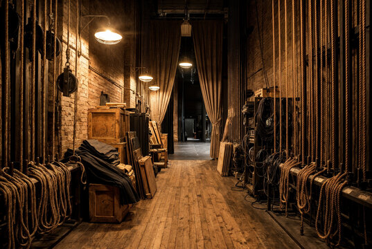 Professional Theater Backstage Corridor with Stage Rigging and Empty Performance Venue Interior