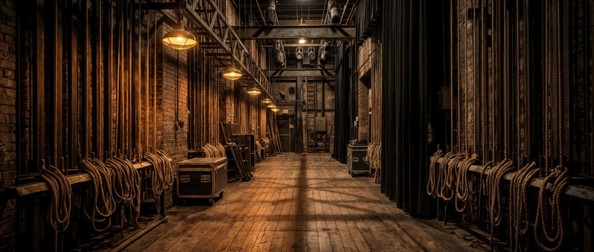 Professional Theater Backstage Corridor with Stage Rigging and Empty Performance Venue Interior