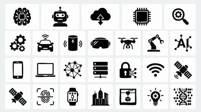 Set of Modern Technology, AI, IoT, and Digital Innovation Vector Icons