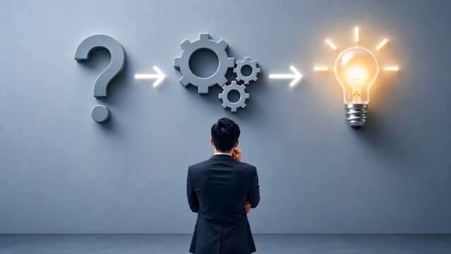 Businessman analyzing problem solving process from question to logical thinking gears and innovative lightbulb solution