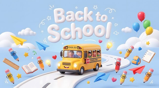 Back to school concept with a yellow school bus colorful balloons and playful stationery on a light blue background