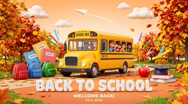 Bright yellow school bus with happy students and autumn school supplies on a road with falling leaves
