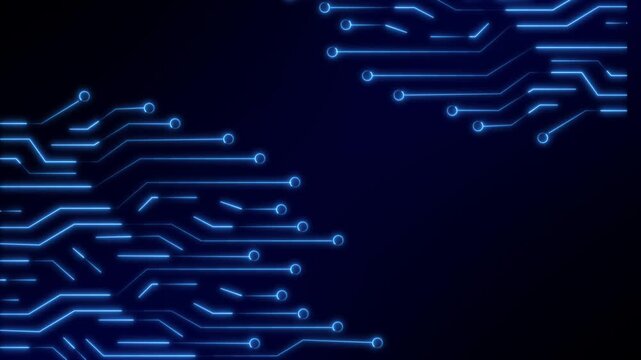 Blue circuit board pattern with flashing data nodes. Hardware motherboard symbol for computer engineering processing unit. Animated circuit board on black.