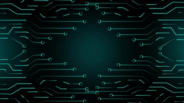 Teal circuit board pattern with glowing data lines. Hardware motherboard symbol for digital processor computing network. Animated circuit board for technology.