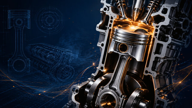 Automotive Engine Cutaway Showing Piston and Crankshaft Technology