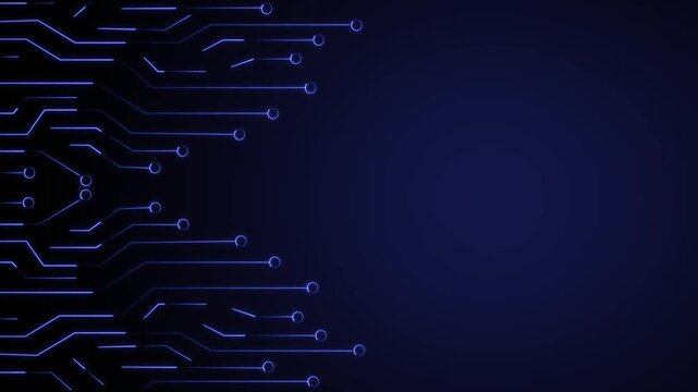 Blue circuit board pattern glowing on left side area. Hardware motherboard symbol for cyber network server diagnostics. Animated circuit board frame panel.
