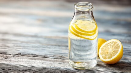 Obraz premium Refreshing Lemon Water in a Glass Bottle on Rustic Wooden Surface