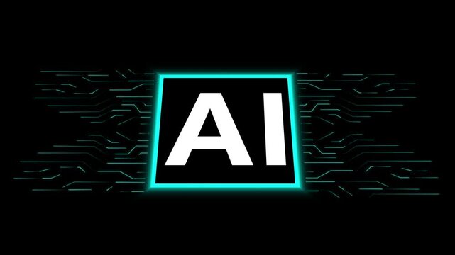AI logo with glowing turquoise microchip connectivity grid. Artificial intelligence symbol for advanced machine learning processor. Animated AI logo loop.