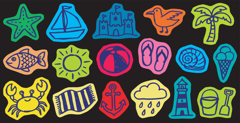 Colorful summer beach vacation icons on a dark background, perfect for travel and holiday themes. © Riki