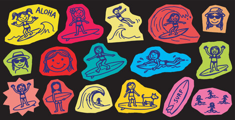 Colorful cartoon stickers depicting children surfing and enjoying beach activities, perfect for summer themes. © Riki